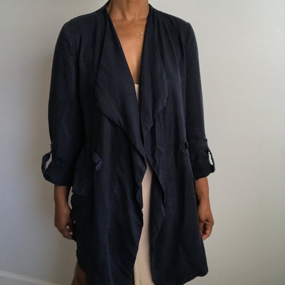 ZARA PARKA JACKET NAVY DRAPED SLOUCHY CASUAL TRENCH SMALL